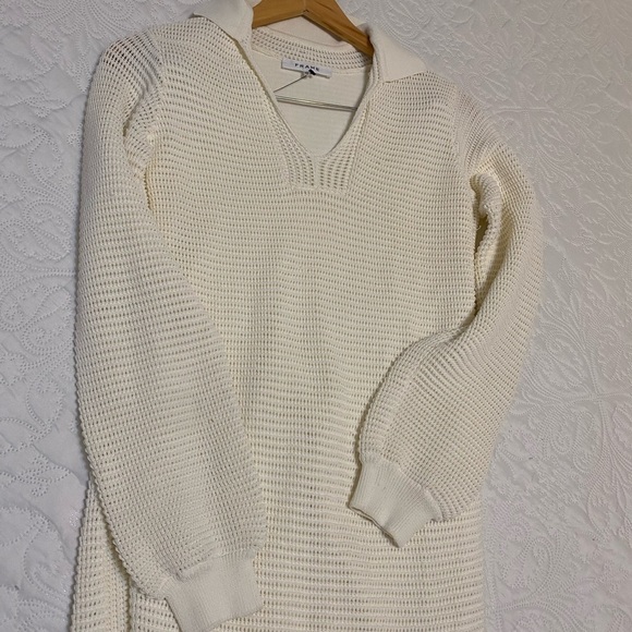 FRAME Ivory Crochet Long Sleeve Collared V-Neck Side Slit Maxi Dress - Picture 9 of 13